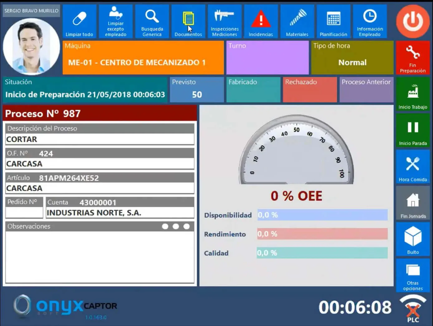Captura real de Onyx Captor: medidor de OEE en planta